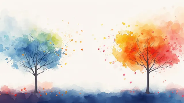 Watercolor trees with pastel rainbow splashes on sky landscape background