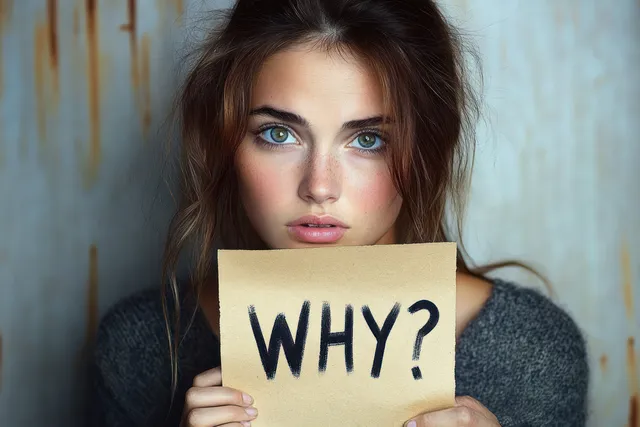 Close-up young woman holding a cardboard sign reading “WHY?” with questioning expression