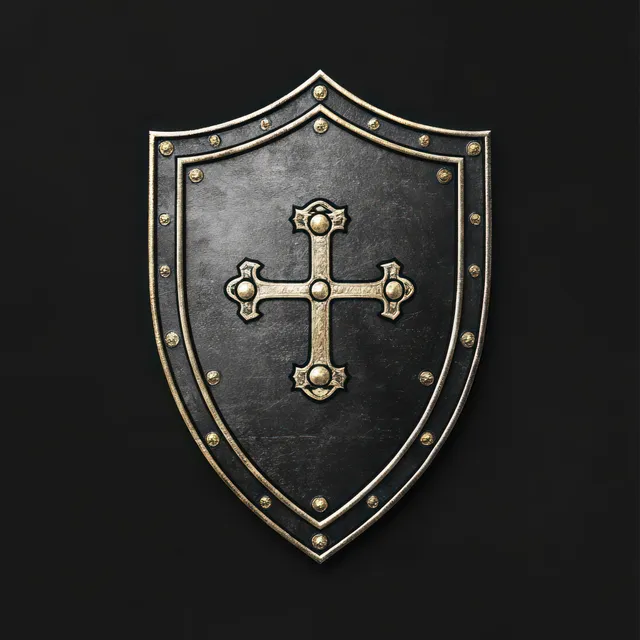 Front view of a dark medieval shield with a golden cross and rivets centered on a solid black background.
