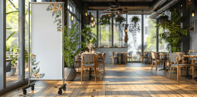 Blank roll-up banner stand in sunlit restaurant near large windows with copy space