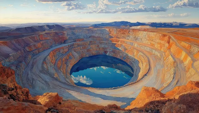 Aerial view of a terraced circular open-pit mine with blue water inside under partly cloudy sky.