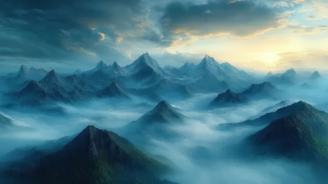 Foggy mountain peaks at sunrise with dramatic clouds and a luminous horizon glow