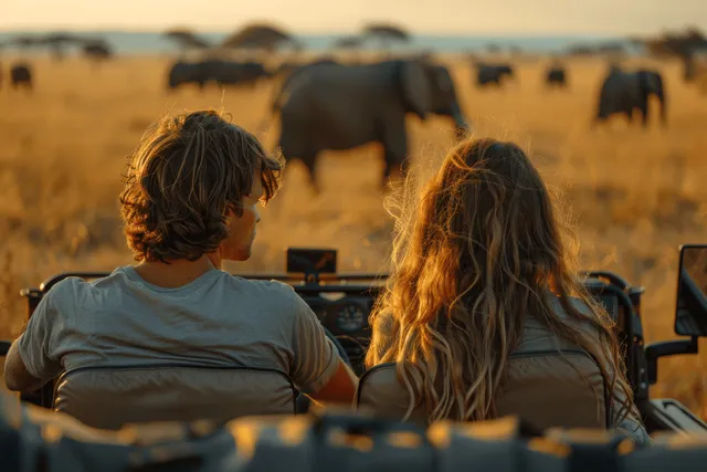 A young couple in an open safari jeep watches elephants across a golden savanna in warm natural sunlight.