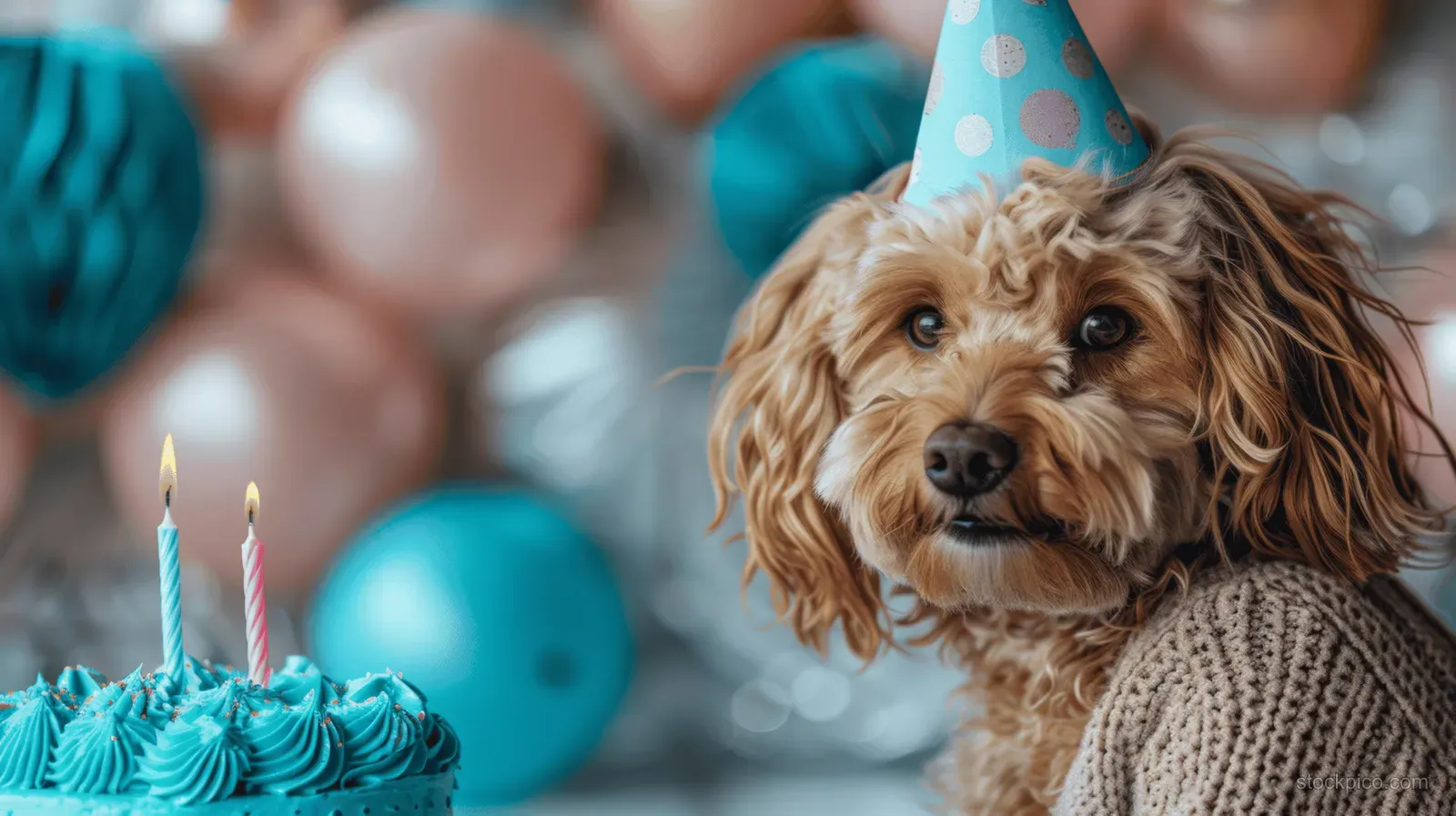 Golden doodle puppy wearing a blue party hat beside a birthday cake with lit candles and blue balloons.