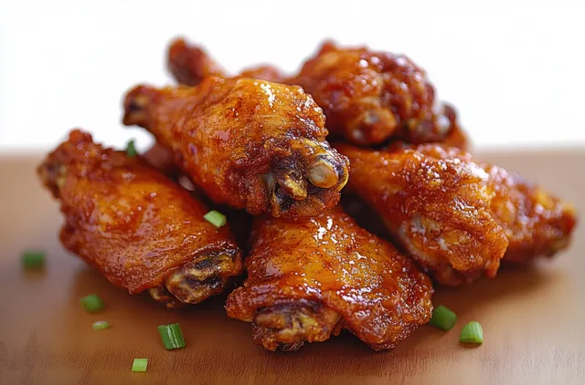 Crispy glazed chicken drumettes piled on a wooden board with chopped green onions scattered around.