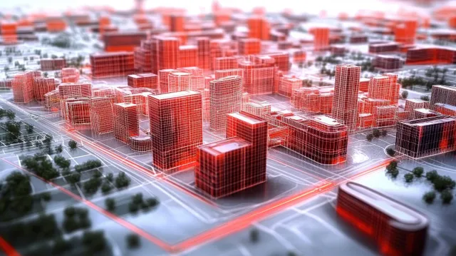 A 3D city plan displays red building blocks with highlighted roads and small green park patches.