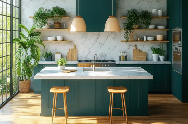 Teal Scandinavian kitchen with a marble island, pendant lights, potted plants on shelves, and sunlight through a large window.