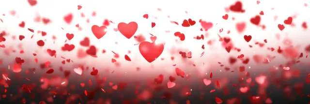 Scattered red heart shapes flutter above a soft blurred background with a warm glow.