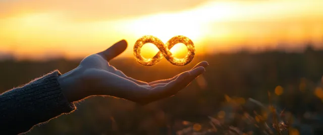 Hands hold a glowing infinity loop above a golden field at sunset, symbolizing circular economy sustainability.