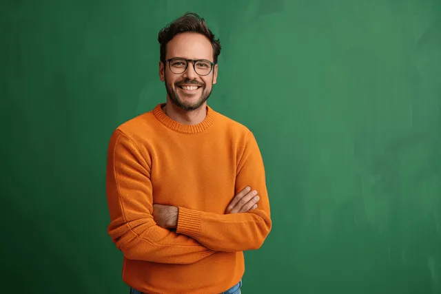 Smiling young man in orange sweater and glasses with arms crossed against green backdrop with Business Portrait