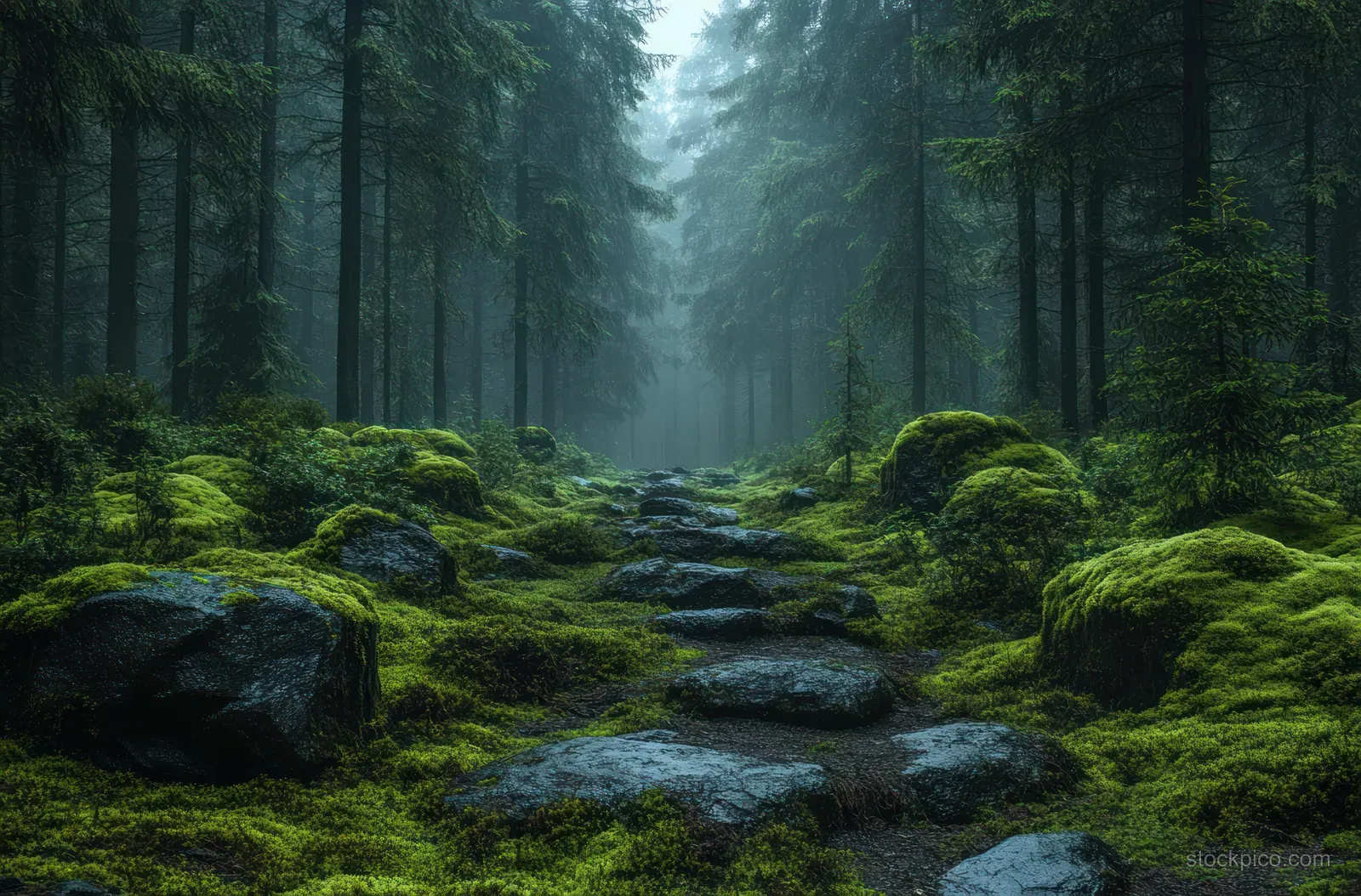 Misty Pine Forest with Moss-Covered Rocks