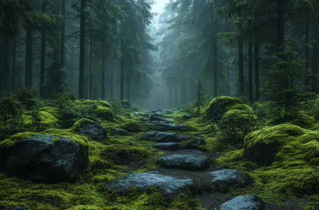 Misty Pine Forest with Moss-Covered Rocks