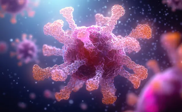Glowing 3D virus with surface proteins is encircled by antibody-like particles in a dark immune defense microenvironment.