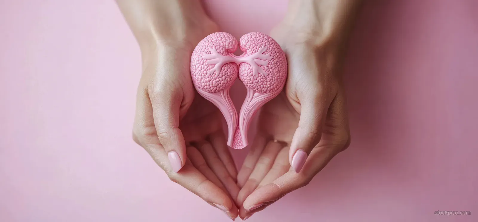 Two hands holding a textured pink uterus model on a soft pastel background.