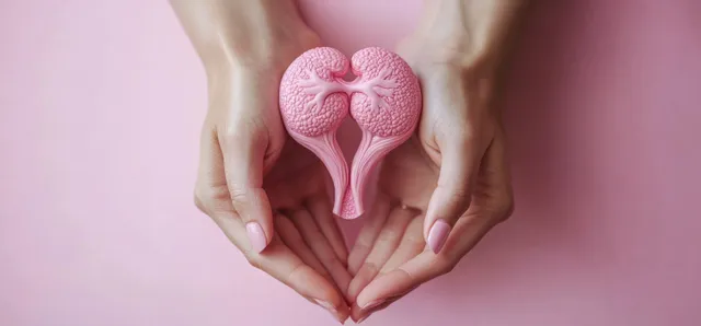 Two hands holding a textured pink uterus model on a soft pastel background.