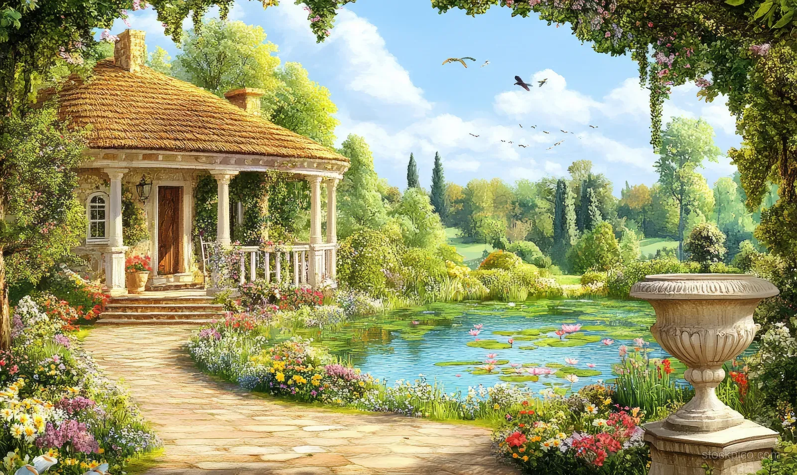 A cottage garden path beside a lily-filled pond with flowers, trees, and a stone urn under a blue sky.