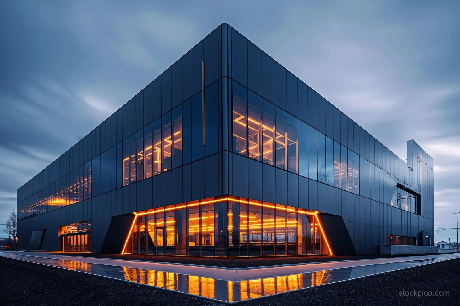 A modern industrial warehouse office building exterior at night with illuminated angular windows and geometric facade.