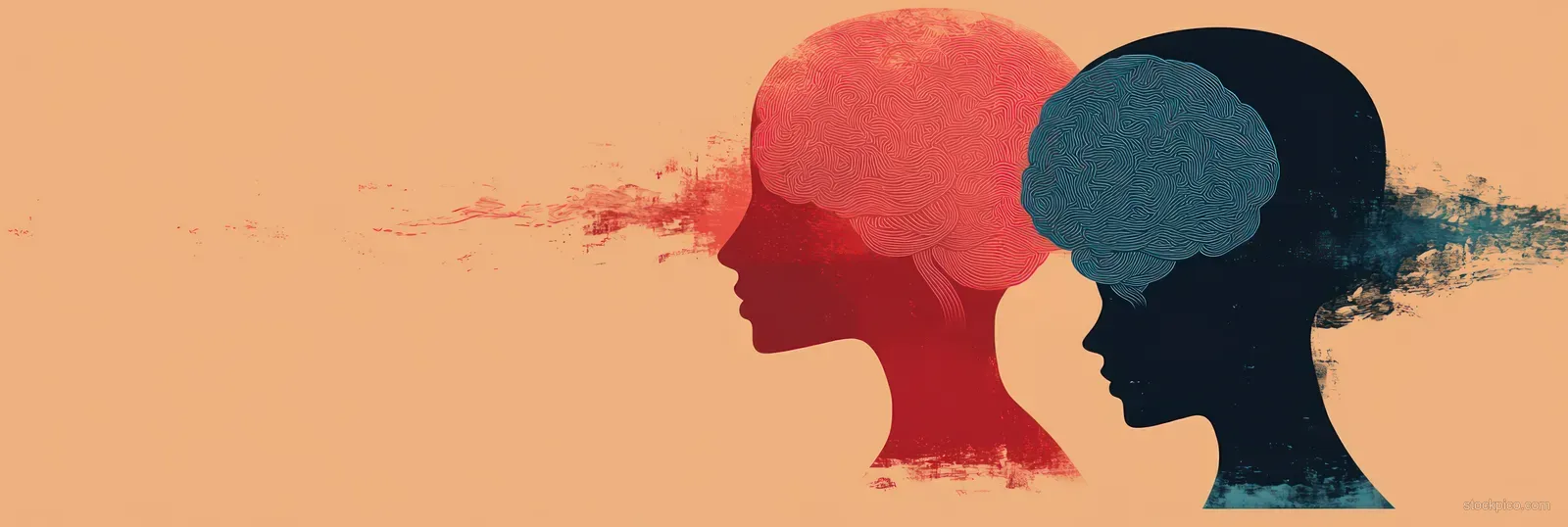 Two facing head silhouettes in red and blue suggest bipolar mood duality with abstract paint-like shapes.