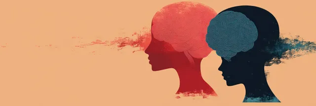Duas silhuetas de cabeça voltadas uma para a outra em vermelho e azul sugerem a dualidade de humor bipolar com formas abstratas semelhantes a pintura.