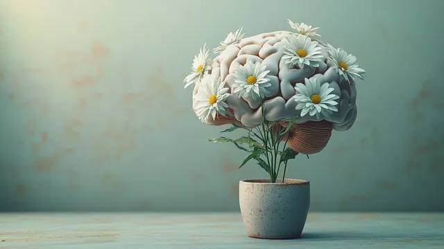Potted plant with brain-shaped flower head and white daisies on muted tabletop