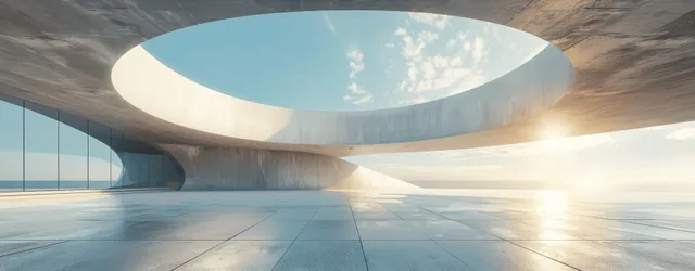 Empty minimalist concrete interior with curved walls and a circular ceiling opening projecting bright daylight across the floor.