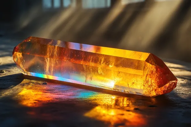 Prismatic crystal glows with rainbow spectrum rays on dark textured surface