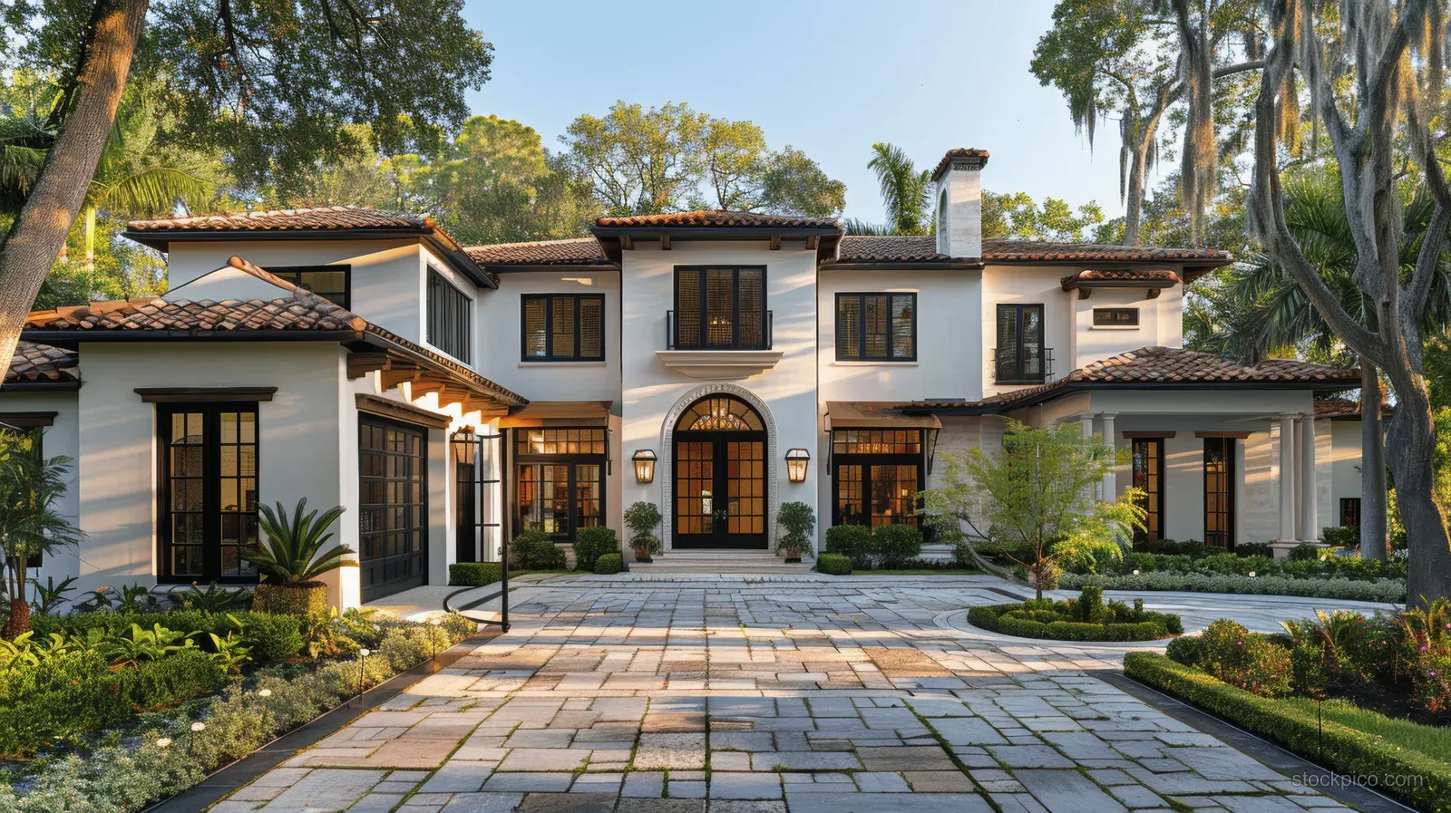 Spanish Colonial house exterior with white stucco, black windows, terracotta roof tiles, and a paver driveway lined with greenery.