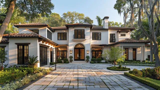 Spanish Colonial house exterior with white stucco, black windows, terracotta roof tiles, and a paver driveway lined with greenery.