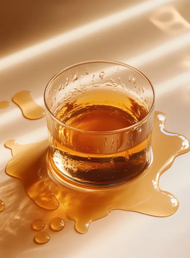 Close-up of amber drink in glass with spilled droplets and warm reflective highlights