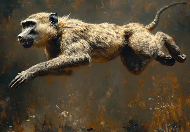 A monkey leaps mid-air over textured brown forest ground with detailed fur and an intense alert gaze.