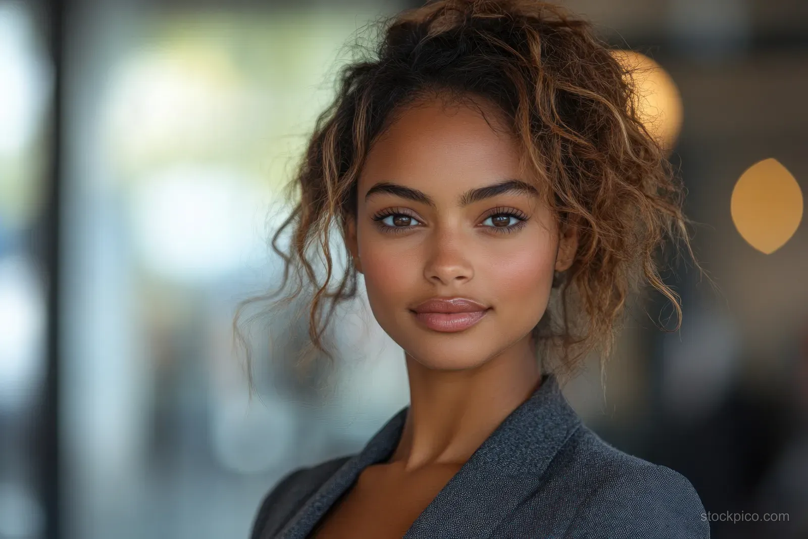 Businesswoman in a grey blazer facing the camera with warm bokeh office lights behind her.