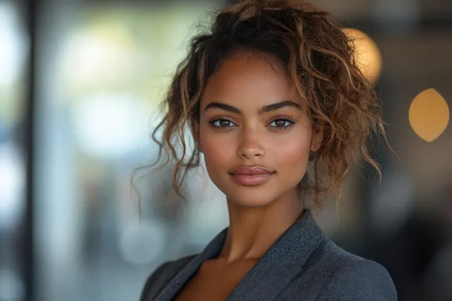Businesswoman in a grey blazer facing camera in a bright modern office, warm bokeh