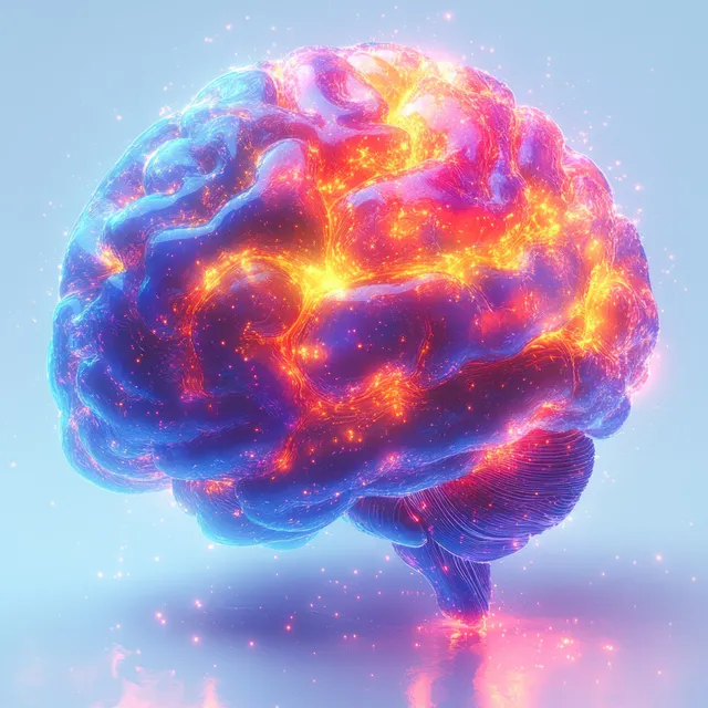 Neon glowing abstract brain with swirling colors hovering against bright white background
