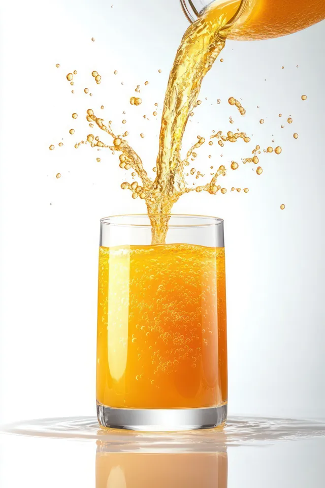 Orange juice pouring into a glass with crisp splashes and droplets on white background