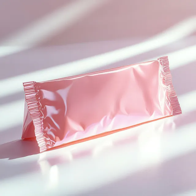 A glossy pink metallic snack bar wrapper stands upright on a smooth reflective surface with soft daylight shadows.
