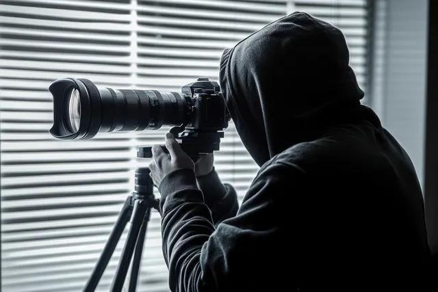 A hooded person aims a telephoto camera on a tripod beside window blinds indoors.