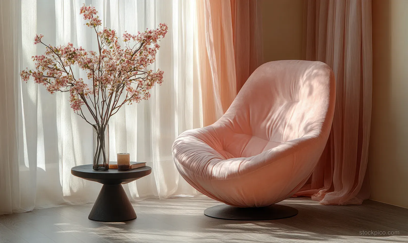 Pink plush lounge chair by sheer curtains with a dark side table and a small vase of dried flowers.