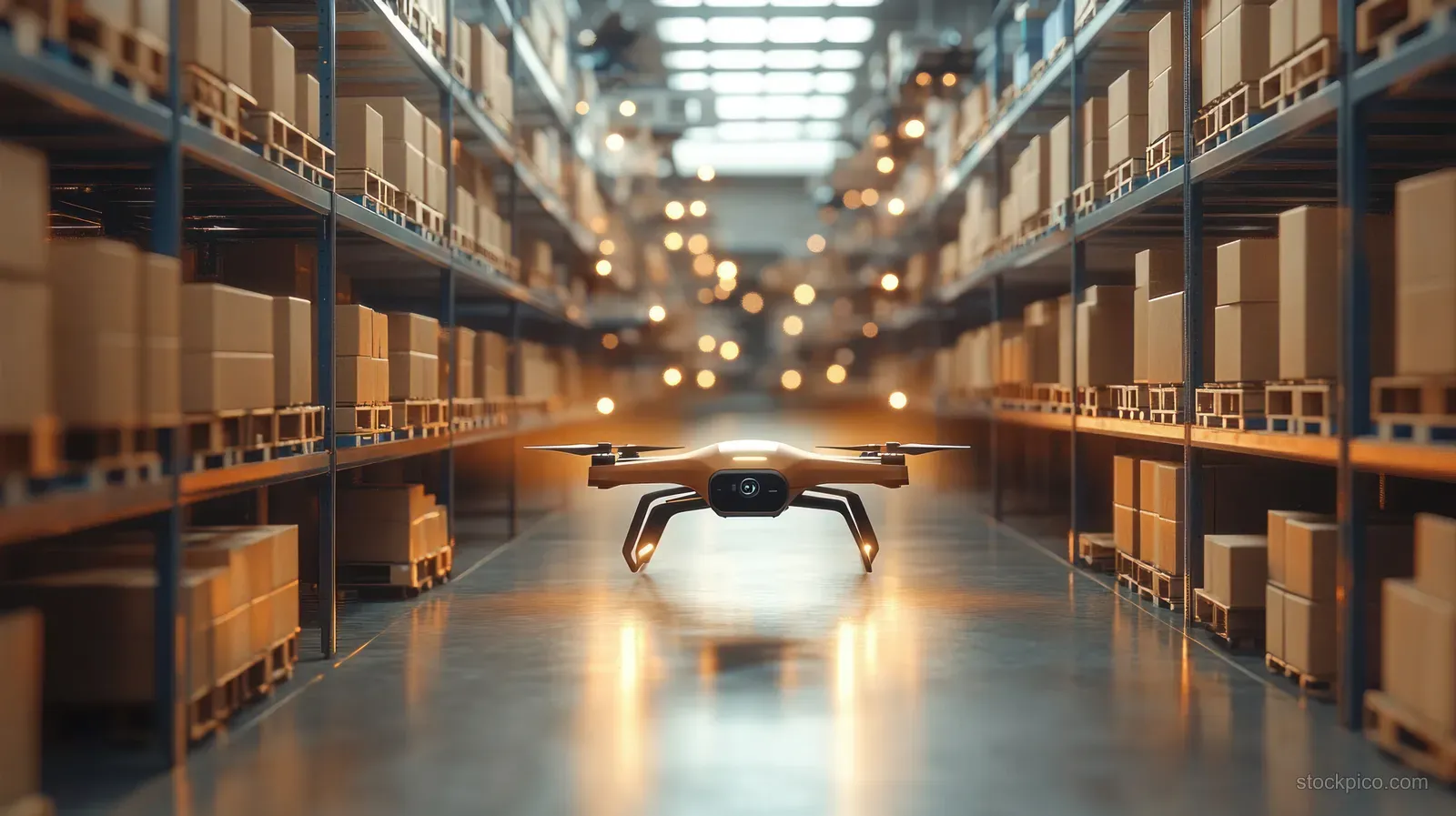 A drone flies down a warehouse aisle between shelves filled with cardboard boxes under warm lights.