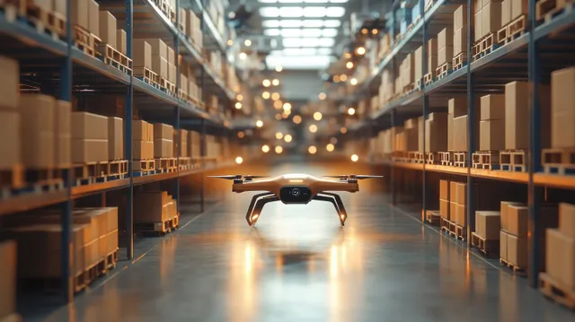 A drone flies down a warehouse aisle between shelves filled with cardboard boxes under warm lights.
