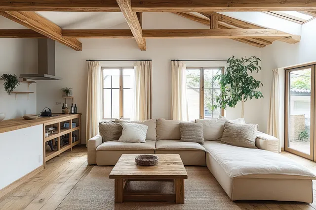 Sunlit Scandinavian living room with beige sectional sofa, wooden beams, and an open kitchen area.