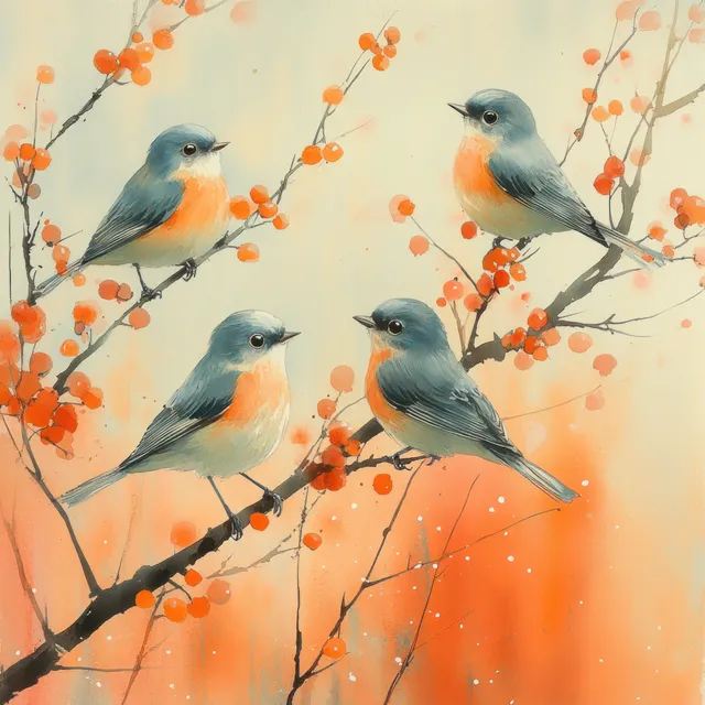 Three watercolor songbirds perched on orange berry branches under soft pastel sky