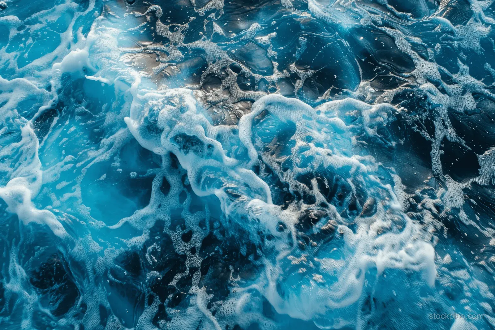 Bright cyan ocean water surface filled with foam bubbles and swirling ripples, with an empty space at the top.