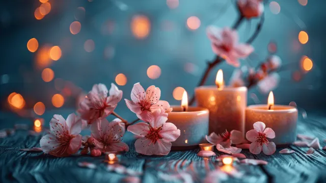 Pink cherry blossoms and several glowing candles rest on a textured wooden table with soft bokeh lights behind them.