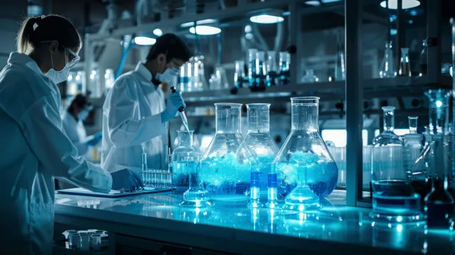 Scientists pipette glowing blue liquid into glass beakers in a modern medical laboratory with microscopes.