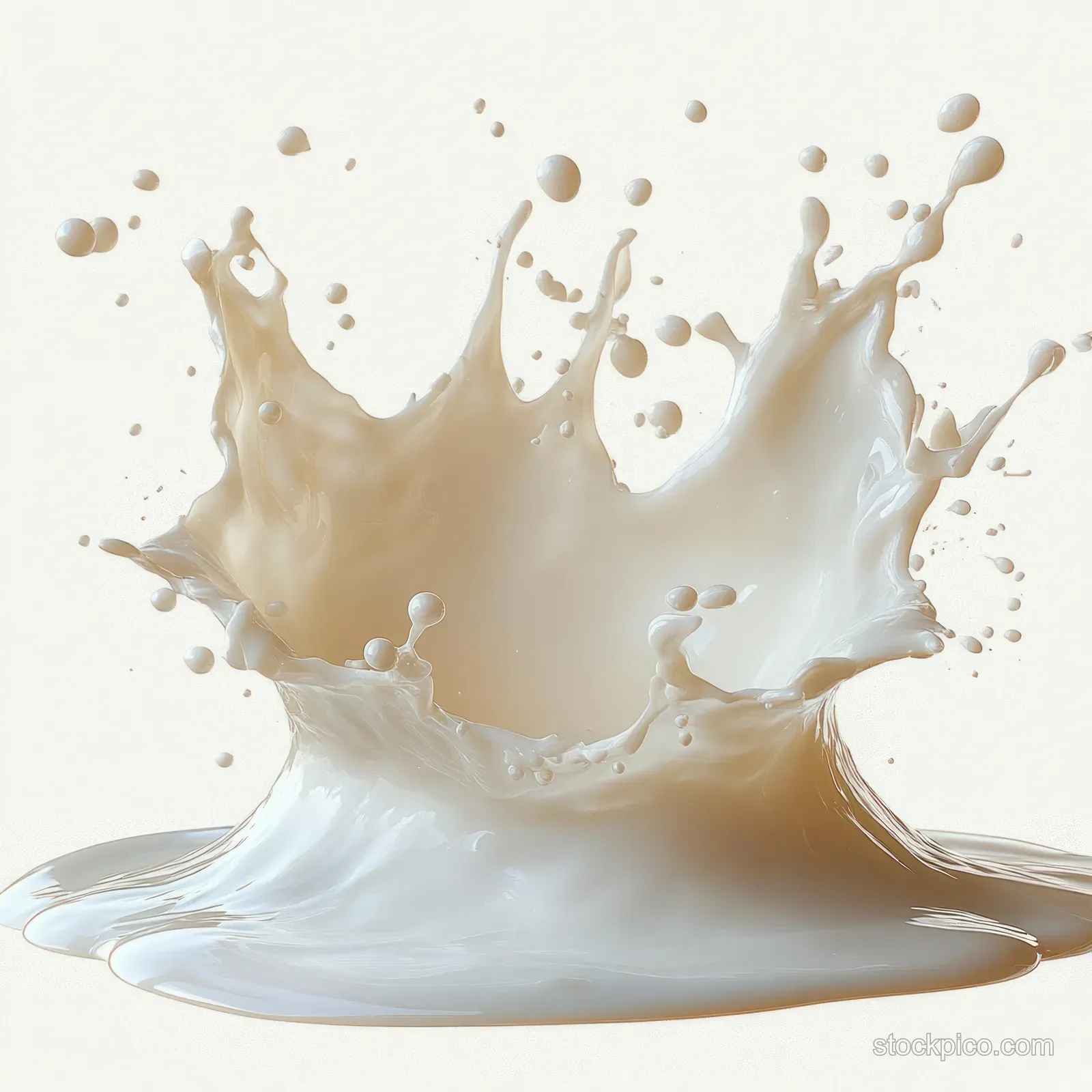 White liquid splash frozen mid-air with droplets scattered around on a pale, clean background.