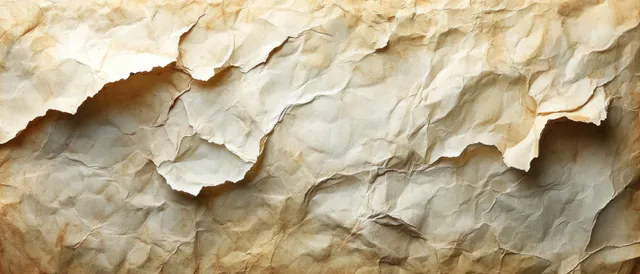 Vintage handmade paper texture with curled beige sheets and fibrous fibers background