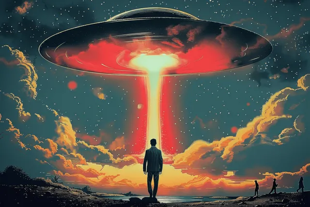 A suited man stands on a dark beach as a glowing red UFO hovers above the sky with light beams.