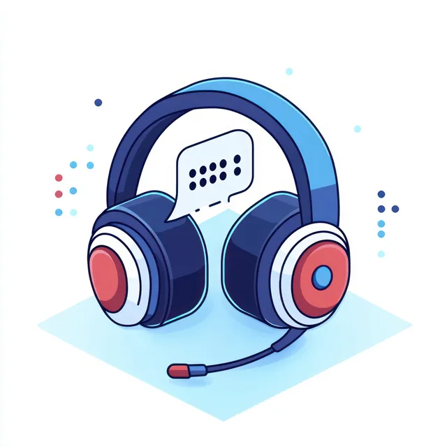 Blue headset with a microphone shows a speech bubble filled with braille dots for accessible communication.