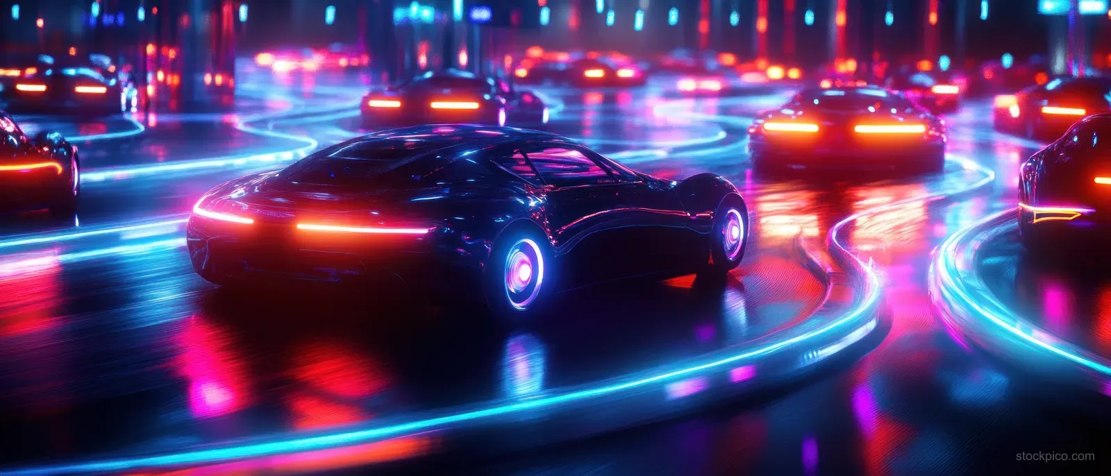 Sleek black futuristic cars driving on neon-lit wet roads in a night city, glowing blue and pink light trails visible.