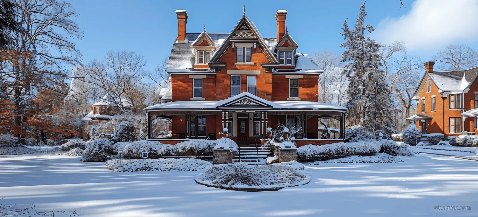 Victorian red brick home with white trim surrounded by snow-covered lawn and frosted trees in winter.